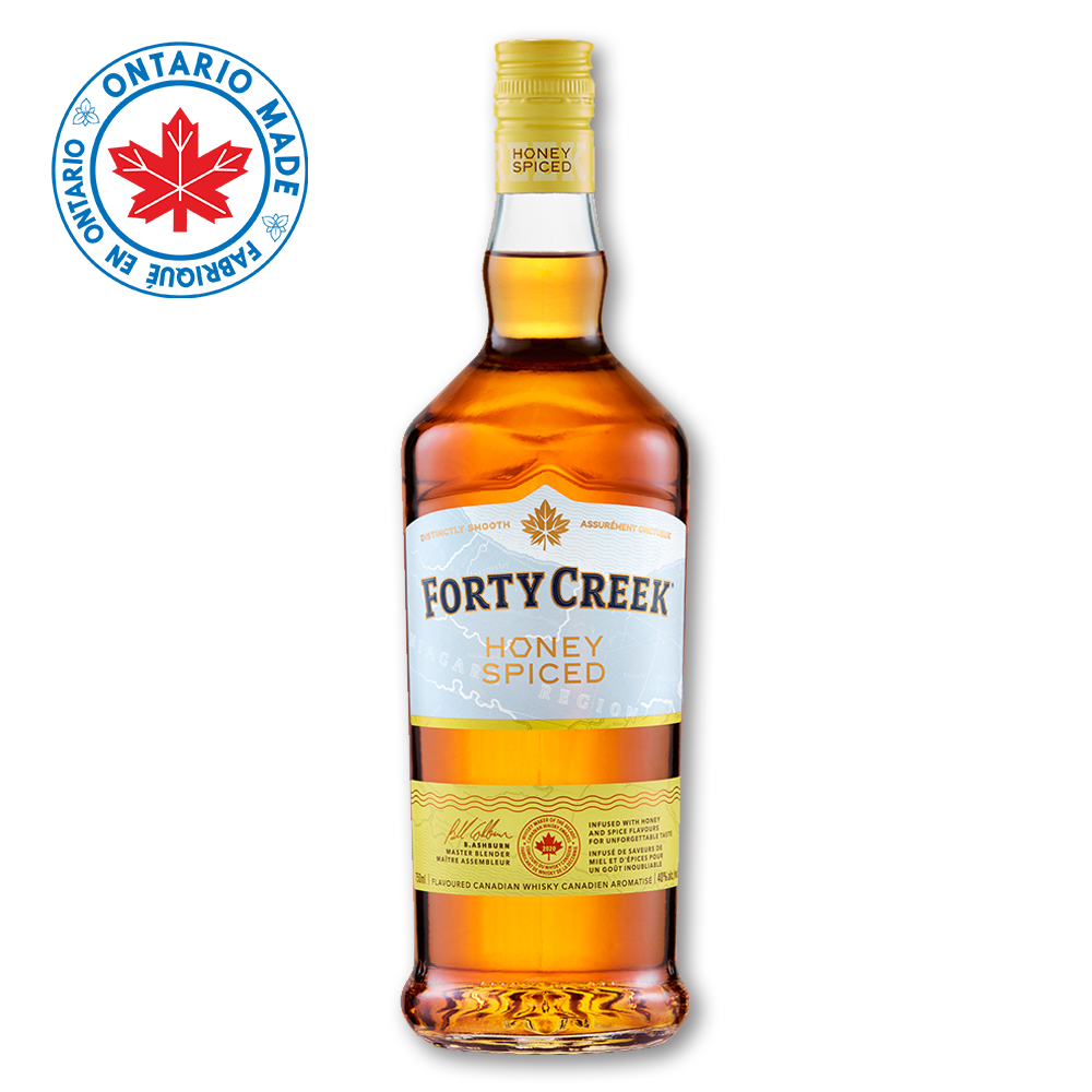 A bottle of Honey Spiced whisky by Forty Creek Whisky