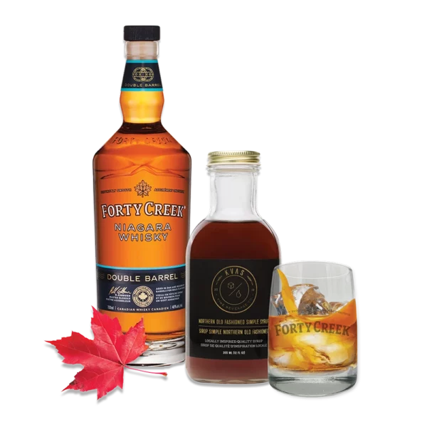 Forty Creek Whisky double barrel bottle and Maple Old Fashioned Syrup