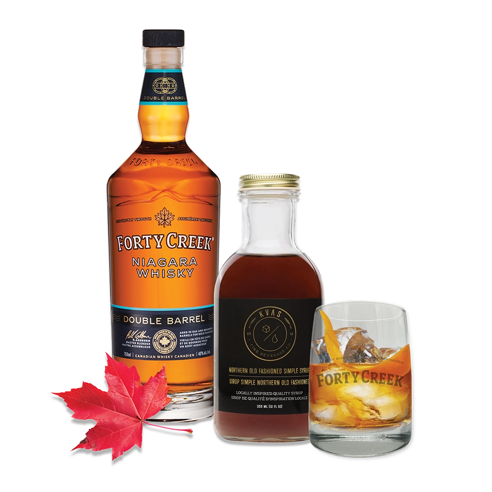 Forty Creek Whisky double barrel bottle and Maple Old Fashioned Syrup
