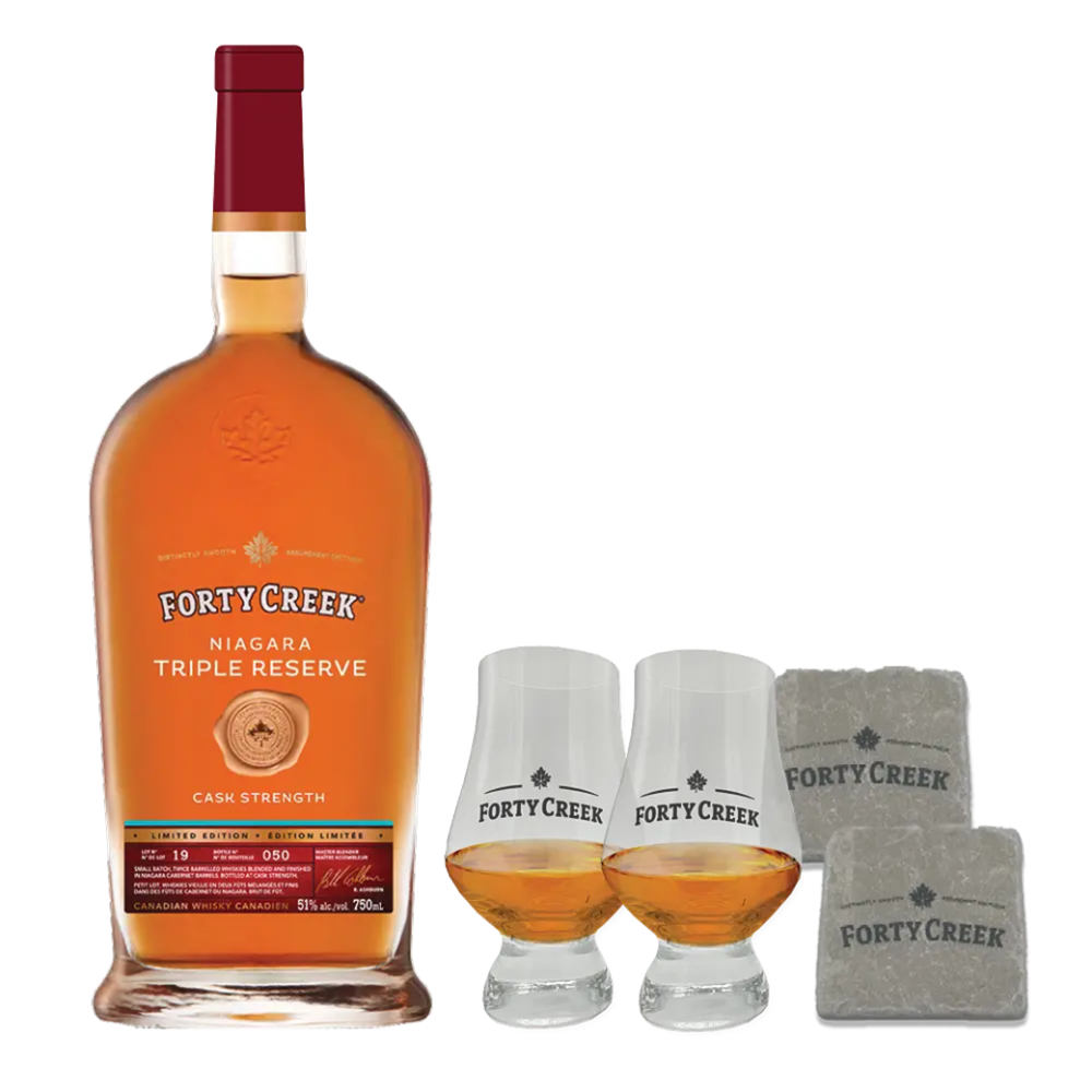 A premium whisky gift pack with Niagara Triple Reserve premium whisky glasses and coasters