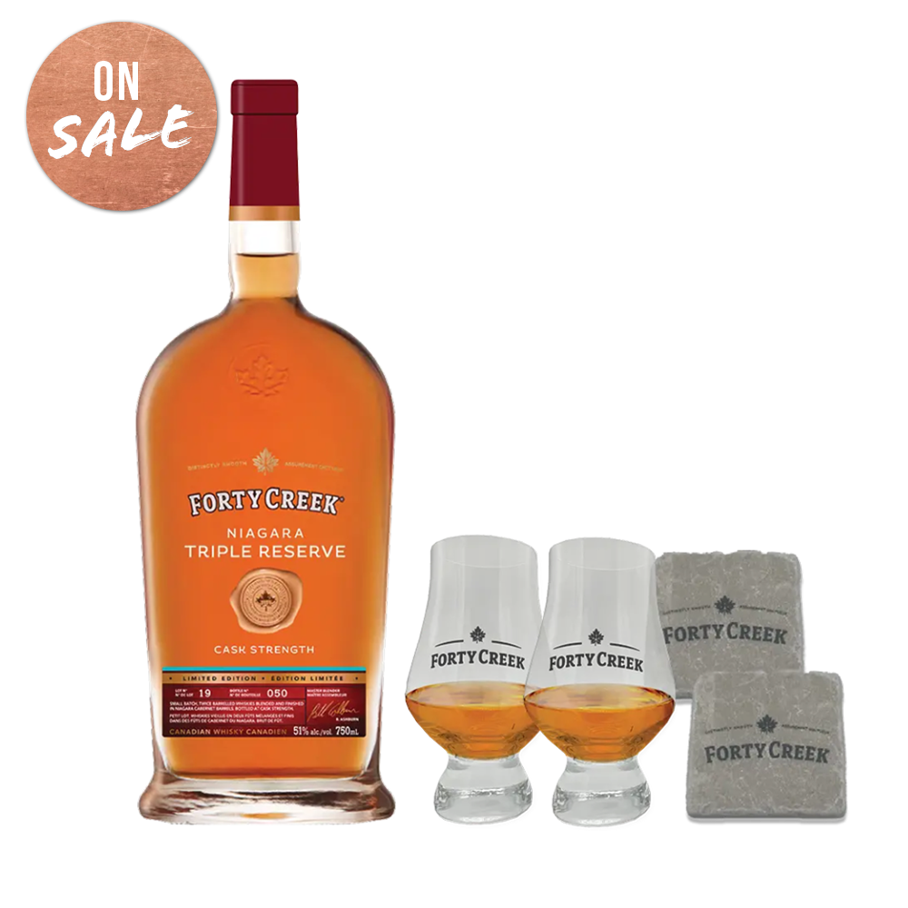 A premium whisky gift pack with Niagara Triple Reserve premium whisky glasses and coasters