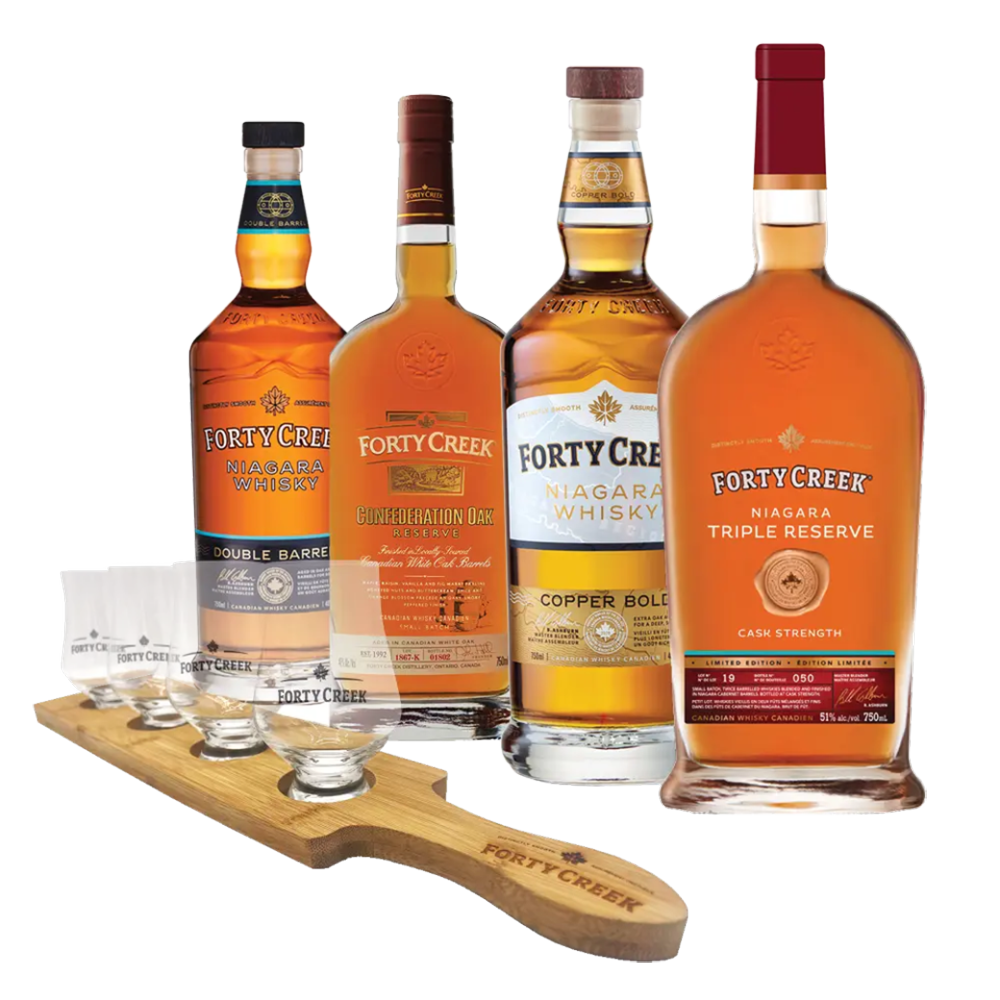 The Forty Creek premium tasting flight with four bottles of premium whisky