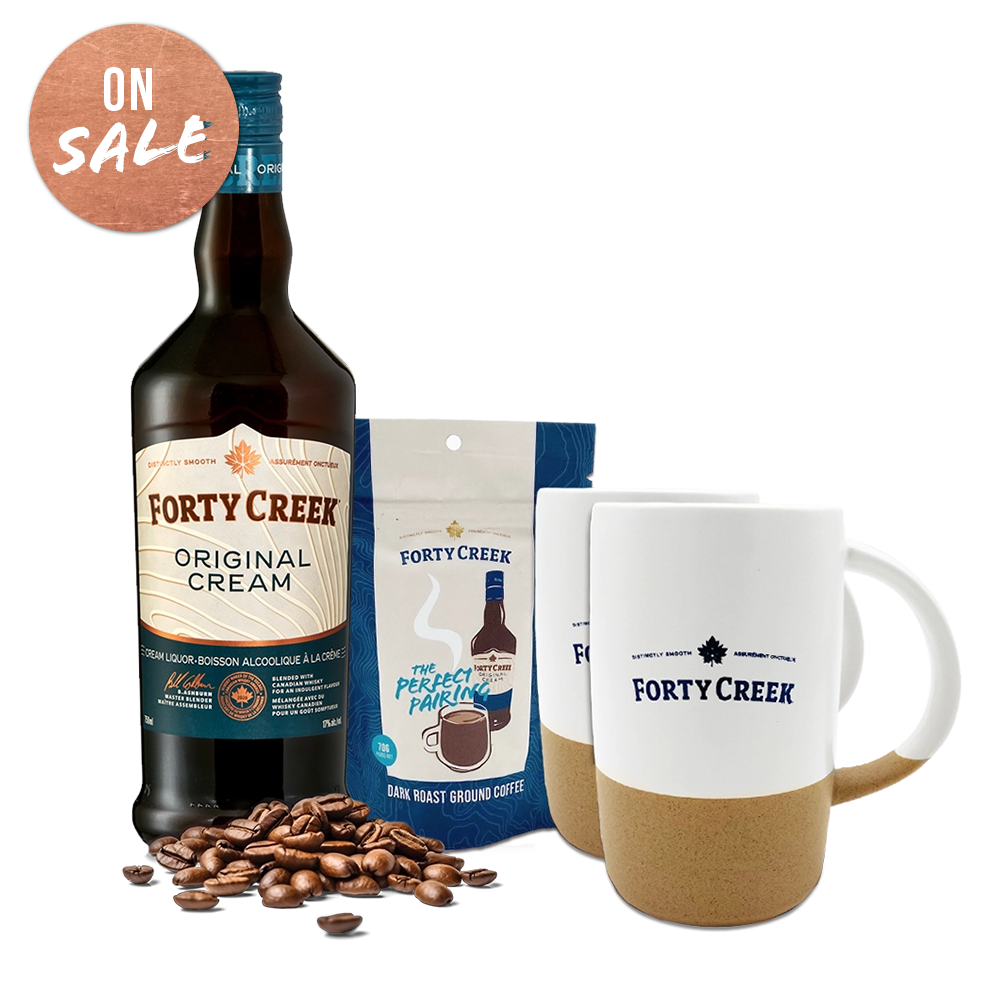 A gift set including dark roast ground coffee with a bottle of Original cream liquor and two Forty Creek coffee mugs ON SALE