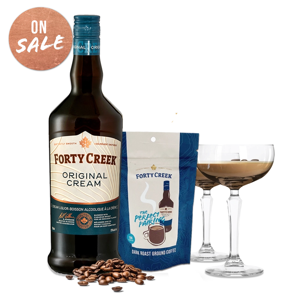 A cold brew martini kit with Forty Creek cream liquor, dark roast ground coffee and martini glasses ON SALE