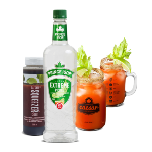 A Caesar kit that includes a Caesar Squeezer and a bottle of Prince Igor Extreme Pickle Flavoured Vodka and two mason jar glasses