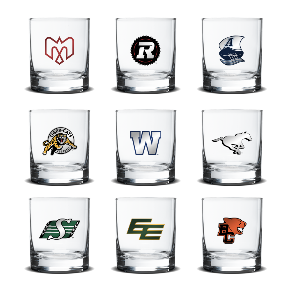 A full set of 9 Forty Creek x CFL collectors whisky glasses