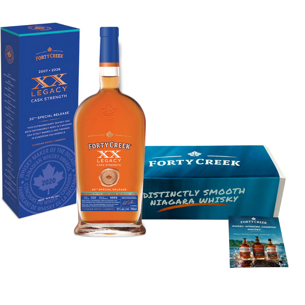 Bottle of XX Legacy beside gift box and insert card